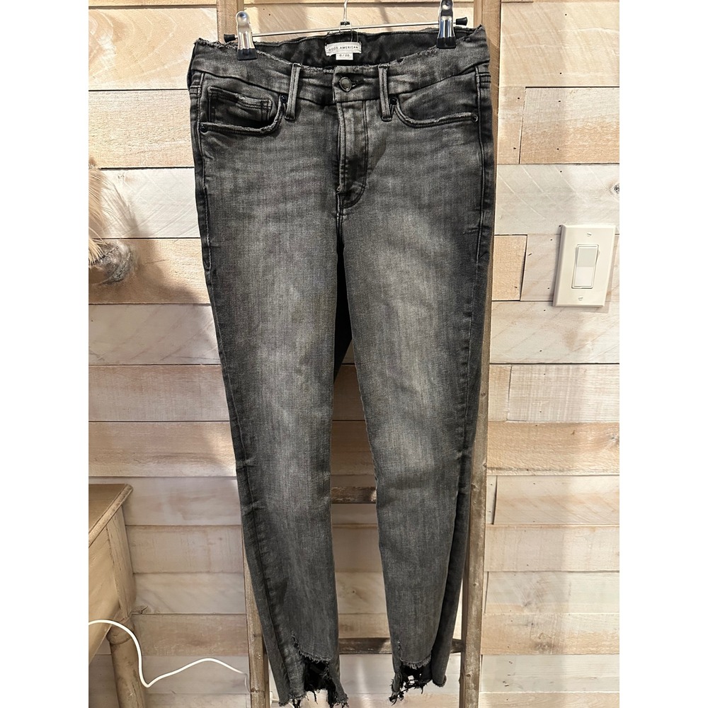Good American Good Legs Skinny Jeans Black Distressed Raw Hem Size 6 28
